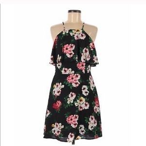 Black Floral High Neck Ruffle Dress